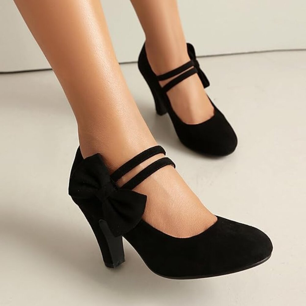 Mary Jane Close Round Toe Vintage Style 1950s Heels Bow Double Straps-BLK